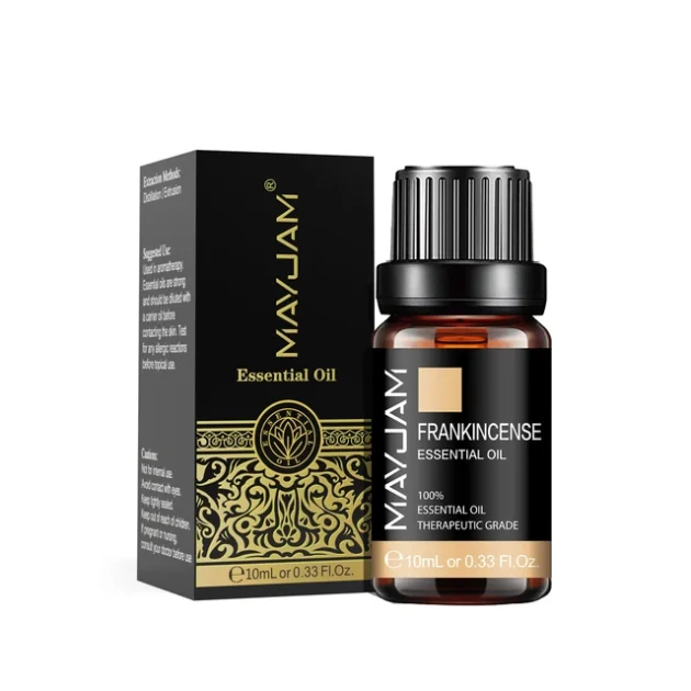 Mayjam Frankincense essential oil bottle and box.