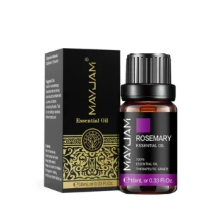 MAYJAM rosemary essential oil bottle and box.